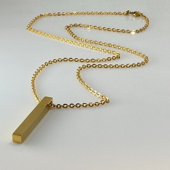 Gold Plated Steel Cuboid Bar Necklace Stainless Steel - Picture 6 of 7